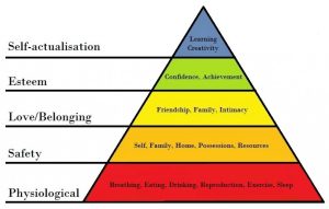 Maslows Pyramid of Needs. Physiological needs are at the bottom, then Safety, then Love and Belonging, then Esteem and at the top of the pyramid we have self actualisation.