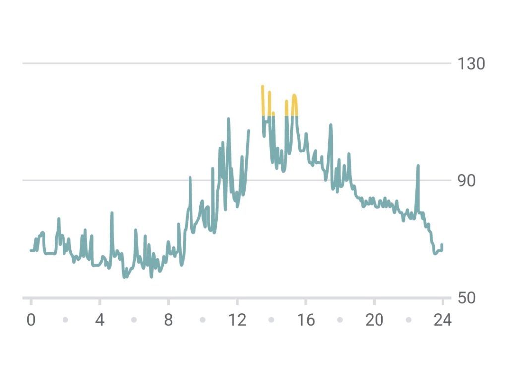 graph showing increase in heart rate around the time I recorded two videos for youtube. The rate hovers around 90 and spikes at 125 during the recording.