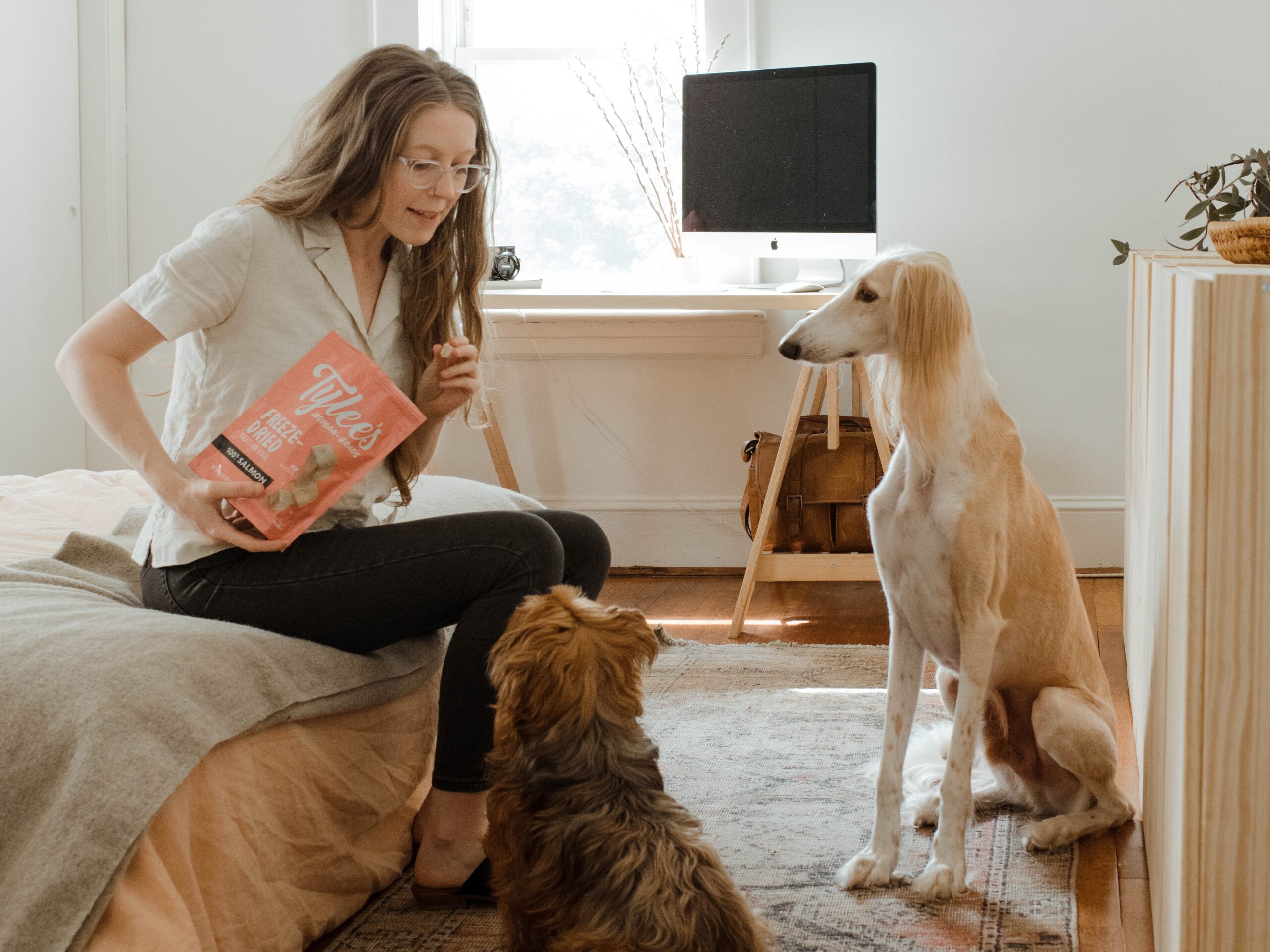 a large and small dog are sitting beside a lady in her bedroom. She is holding a bag of treats and speaking to the smaller dog.